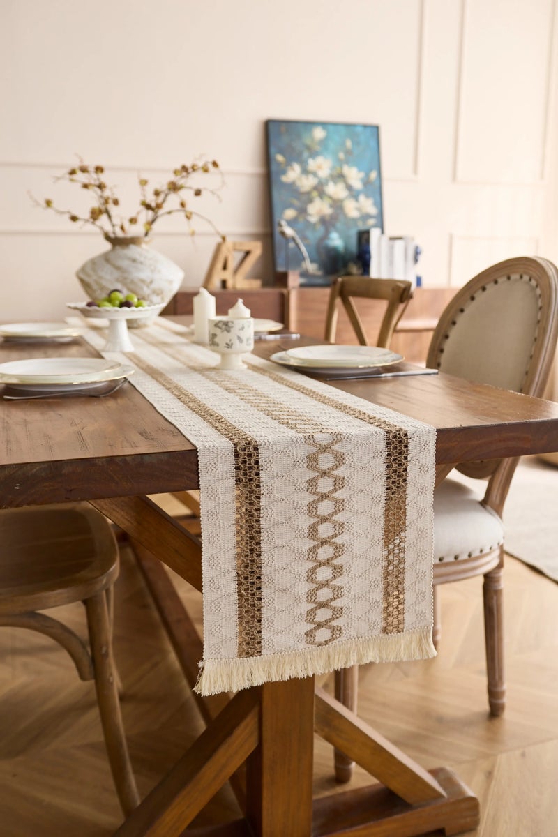 Bluejw Two-Color Woven Tassels Wedding Table Runners Embroidered Cotton Linen Cover for Dining Table - Image 1